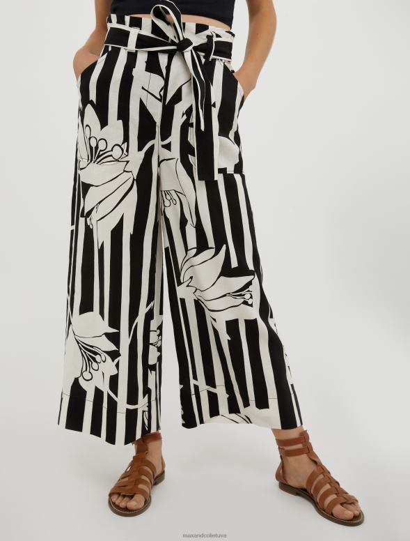 apģērbu 8VJP274 melns raksts lina platas bikses sievietes MAX&Co.