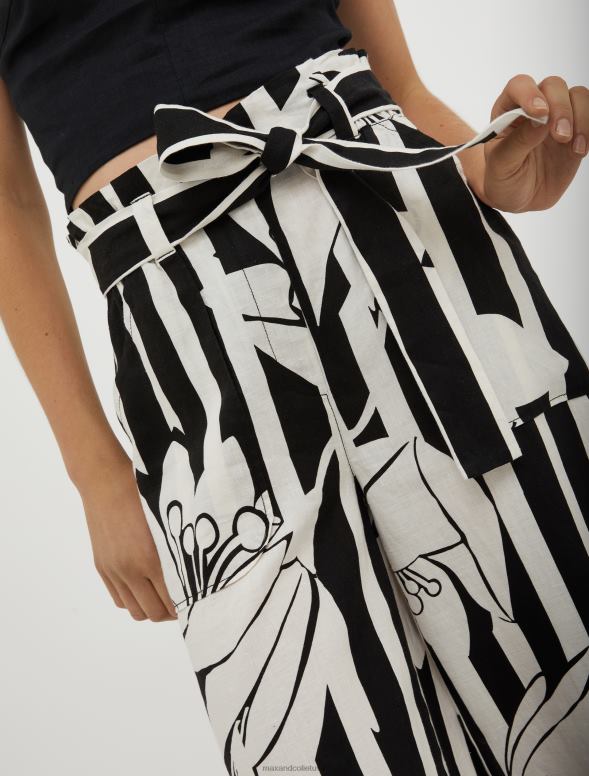 apģērbu 8VJP274 melns raksts lina platas bikses sievietes MAX&Co.