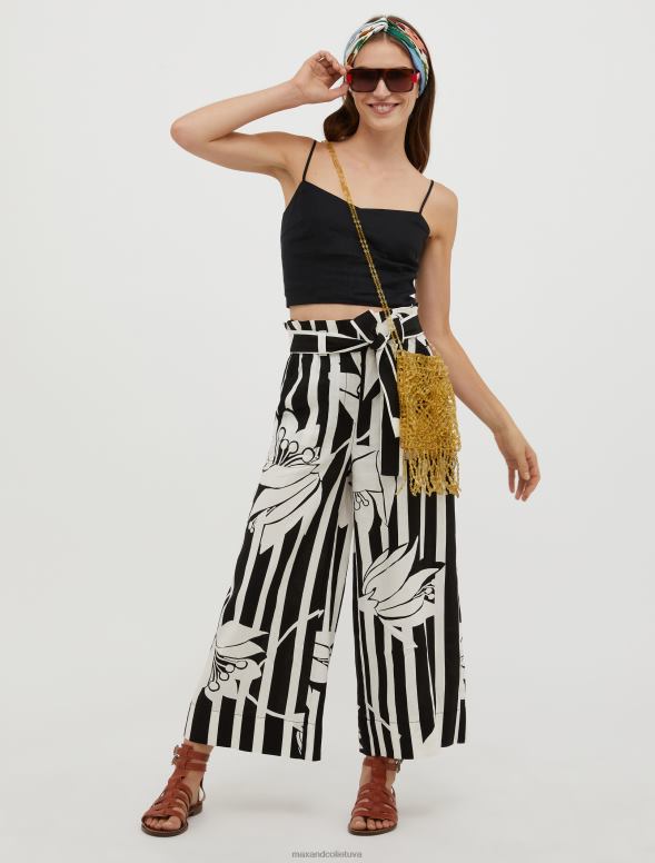 apģērbu 8VJP274 melns raksts lina platas bikses sievietes MAX&Co.