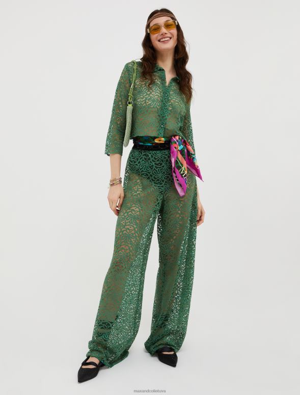 apģērbu 8VJP747 zaļš raksts mežģīņu džersija palazzo bikses sievietes MAX&Co.