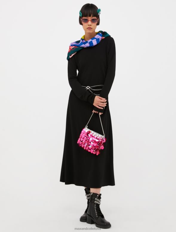 apģērbu 8VJP108 melns asimetriska džersija midi kleita sievietes MAX&Co.