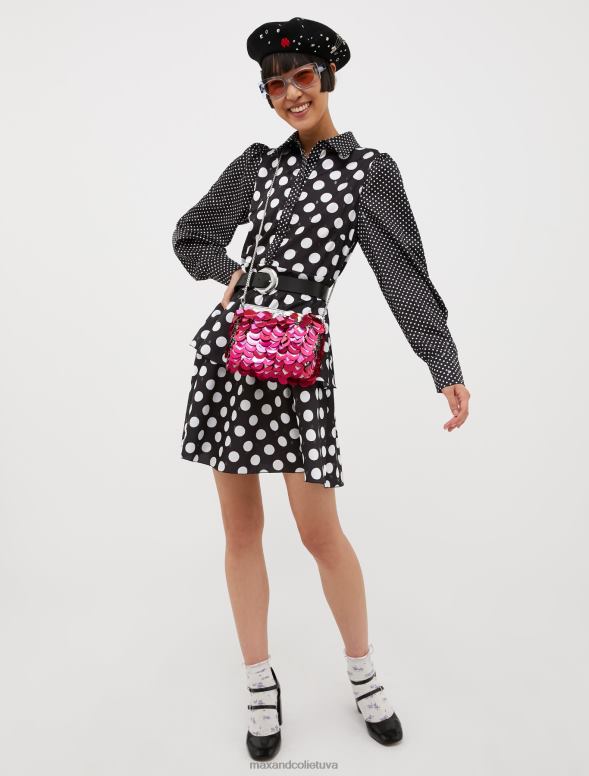 apģērbu 8VJP109 melns raksts metāliska polka-point satīna kleita sievietes MAX&Co.