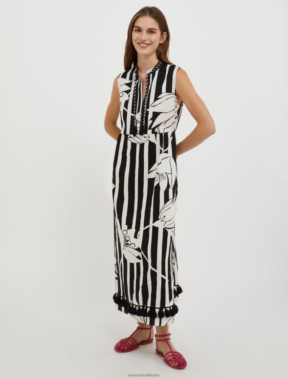 apģērbu 8VJP23 melns raksts pušķota lina kleita sievietes MAX&Co.