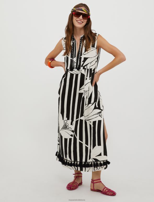 apģērbu 8VJP23 melns raksts pušķota lina kleita sievietes MAX&Co.