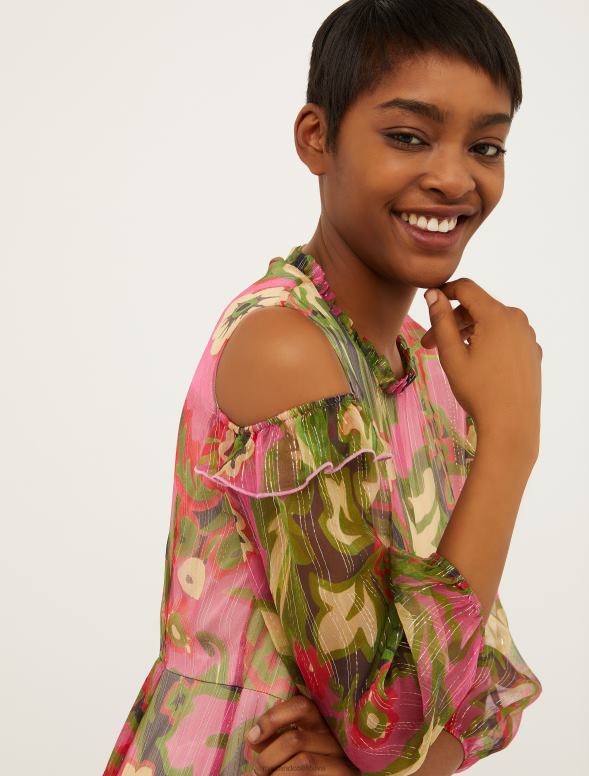 apģērbu 8VJP27 vecs rožu raksts zīda-krepona maxi kleita sievietes MAX&Co.