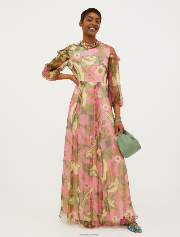 apģērbu 8VJP27 vecs rožu raksts zīda-krepona maxi kleita sievietes MAX&Co.