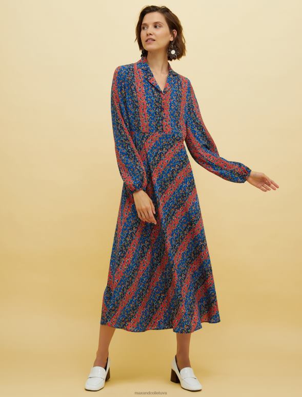 apģērbu 8VJP34 tumši zils raksts cilvēki, vietas, krāsa zīda kleita sievietes MAX&Co.