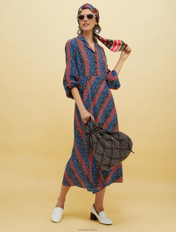 apģērbu 8VJP34 tumši zils raksts cilvēki, vietas, krāsa zīda kleita sievietes MAX&Co.