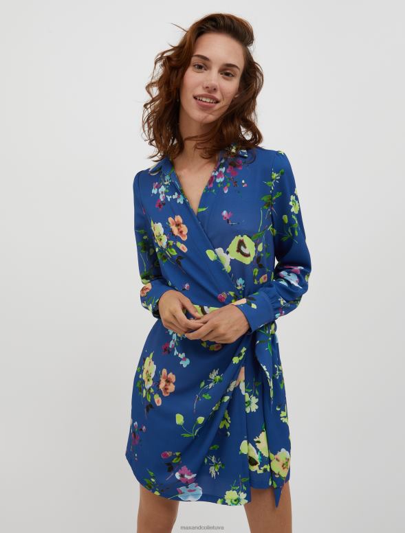 apģērbu 8VJP43 Ķīnas zils raksts ziedu sabala ietīšanas kleita sievietes MAX&Co.