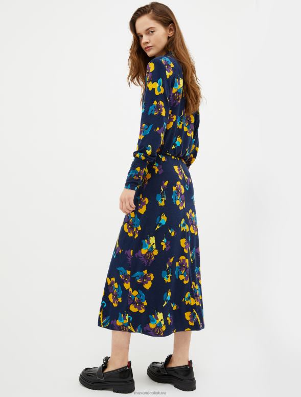 apģērbu 8VJP49 jūras zils puķaina vilnas džersija midi kleita sievietes MAX&Co.