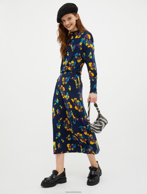 apģērbu 8VJP49 jūras zils puķaina vilnas džersija midi kleita sievietes MAX&Co.