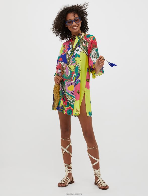 apģērbu 8VJP69 tumši zils raksts tīra zīda tunika kleita sievietes MAX&Co.