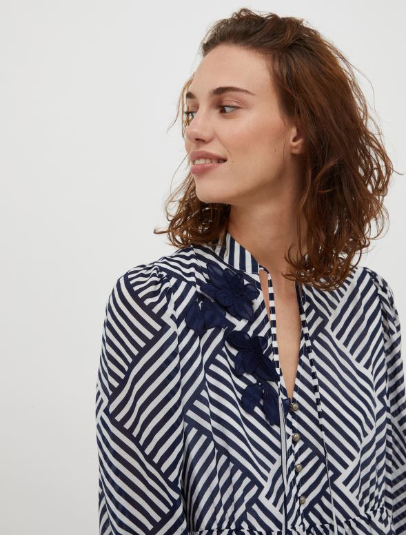 apģērbu 8VJP92 tumši zils raksts volānveida kokvilnas un zīda-voile kleita sievietes MAX&Co.