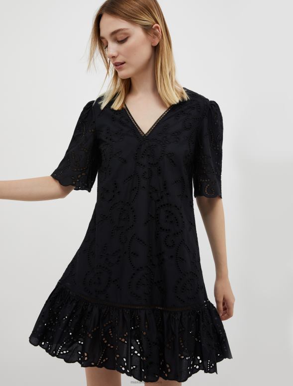 apģērbu 8VJP99 melns kokvilnas broderie-anglaise kleita sievietes MAX&Co.