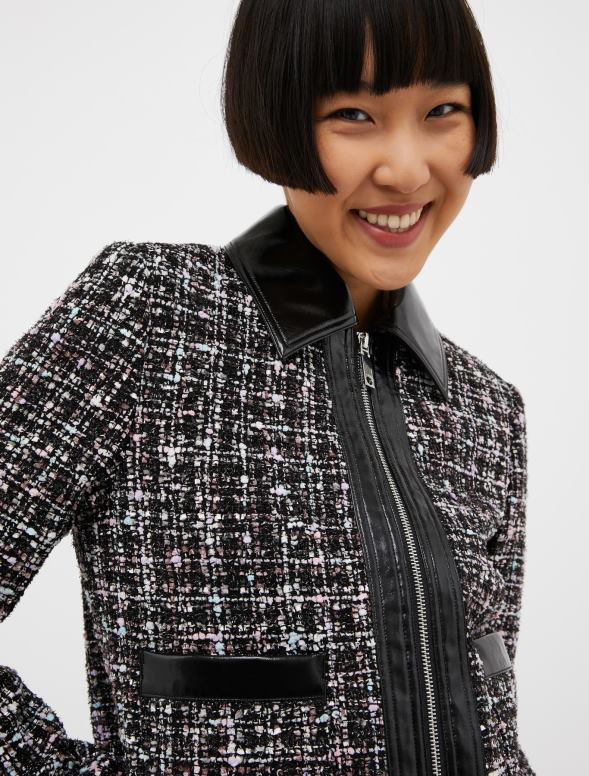 apģērbu 8VJP280 melns raksts lakādas un basketweave jaka sievietes MAX&Co.