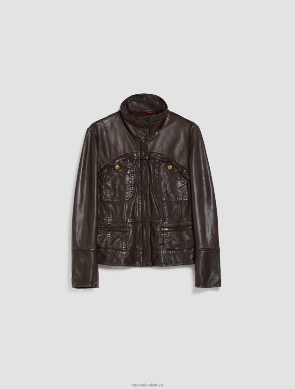 apģērbu 8VJP883 tumši brūns mazgāta ādas jaka sievietes MAX&Co.