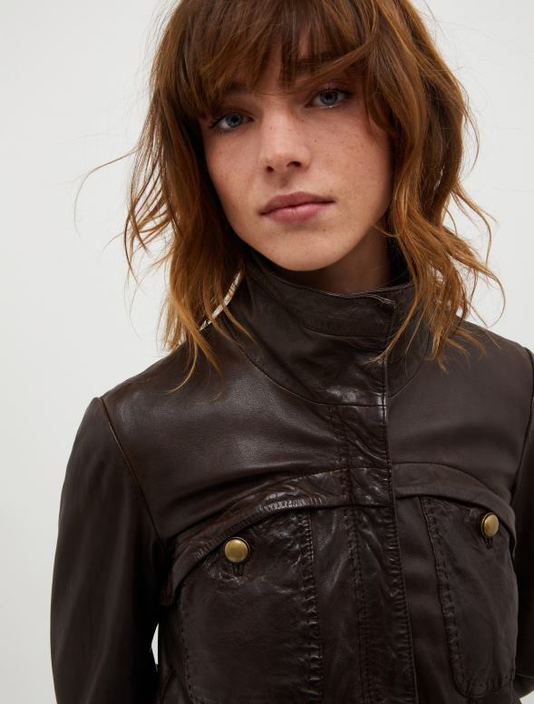 apģērbu 8VJP883 tumši brūns mazgāta ādas jaka sievietes MAX&Co.