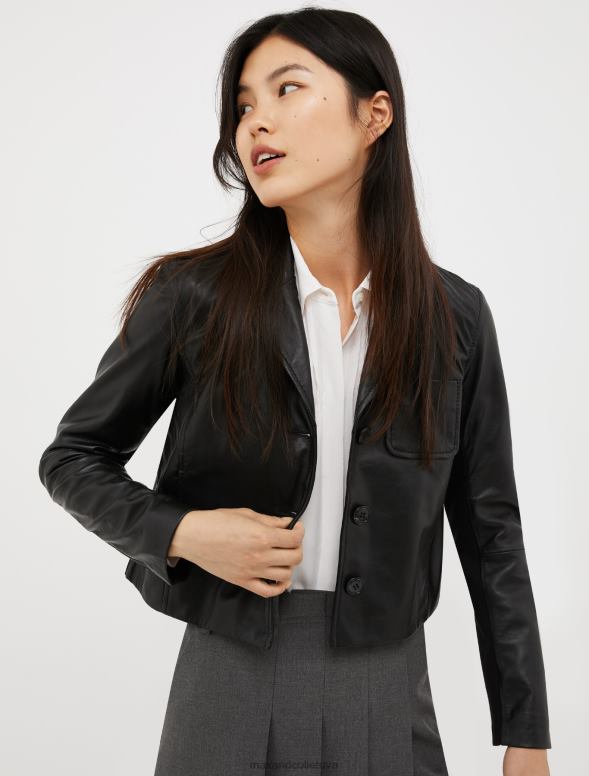 apģērbu 8VJP888 melns nappa ādas un džersija jaka sievietes MAX&Co.