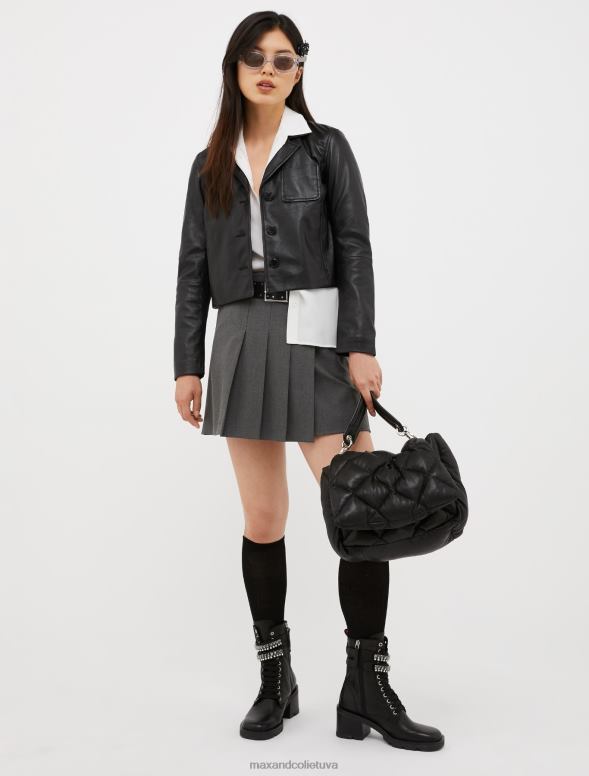 apģērbu 8VJP888 melns nappa ādas un džersija jaka sievietes MAX&Co.