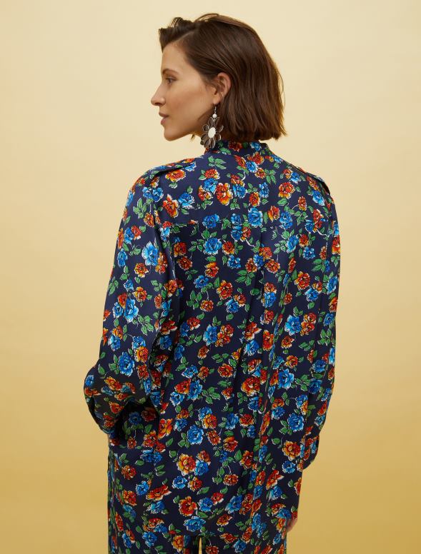 apģērbu 8VJP530 tumši zils raksts cilvēki, vietas, krāsains satīna krekls sievietes MAX&Co.