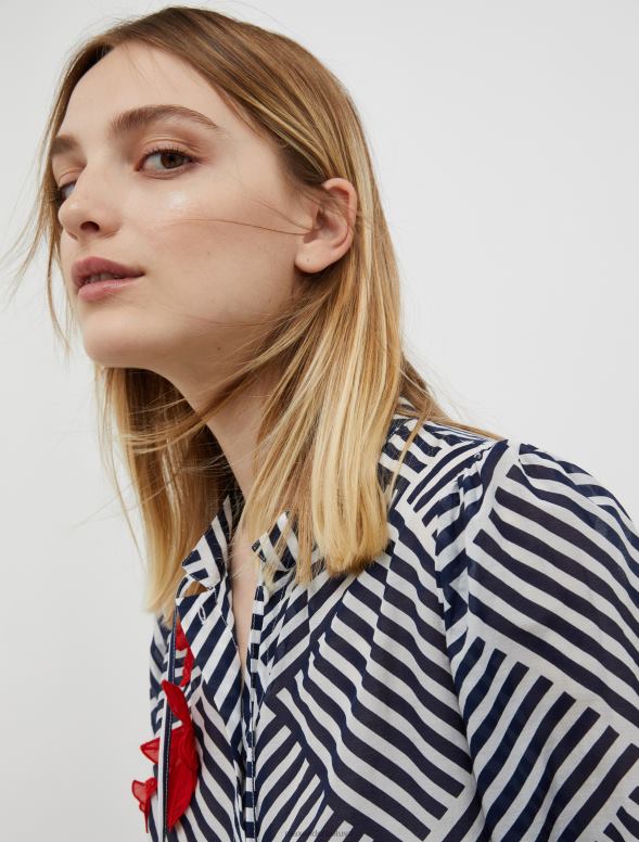 apģērbu 8VJP538 tumši zils raksts svītrains kokvilnas un zīda maisījuma krekls sievietes MAX&Co.