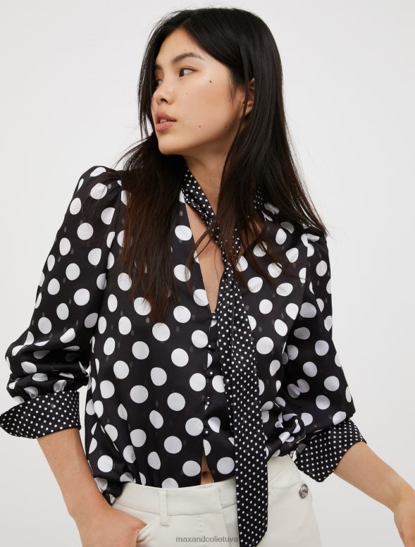 apģērbu 8VJP540 melns raksts metālisks punktveida satīna krekls sievietes MAX&Co.