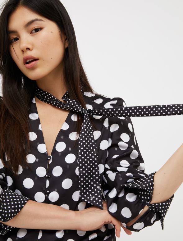 apģērbu 8VJP540 melns raksts metālisks punktveida satīna krekls sievietes MAX&Co.