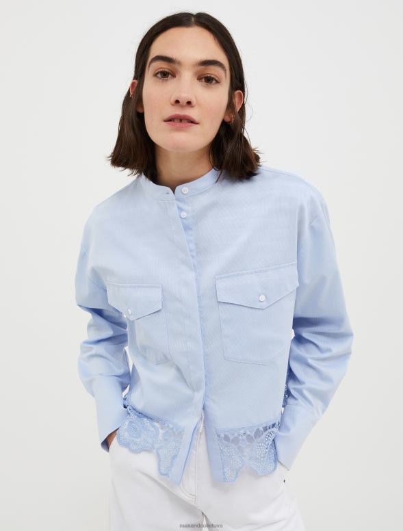 apģērbu 8VJP542 gaiši zils mežģīnes un kokvilnas blūze sievietes MAX&Co.