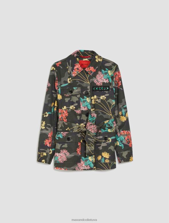apģērbu 8VJP829 vidēji pelēks raksts kokvilnas lauka jaka ar ziedu apdruku sievietes MAX&Co.