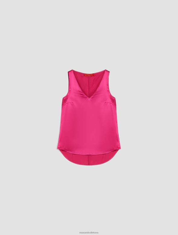 apģērbu 8VJP484 fuksija elastīga zīda satīna v-veida kakla augšdaļa sievietes MAX&Co.