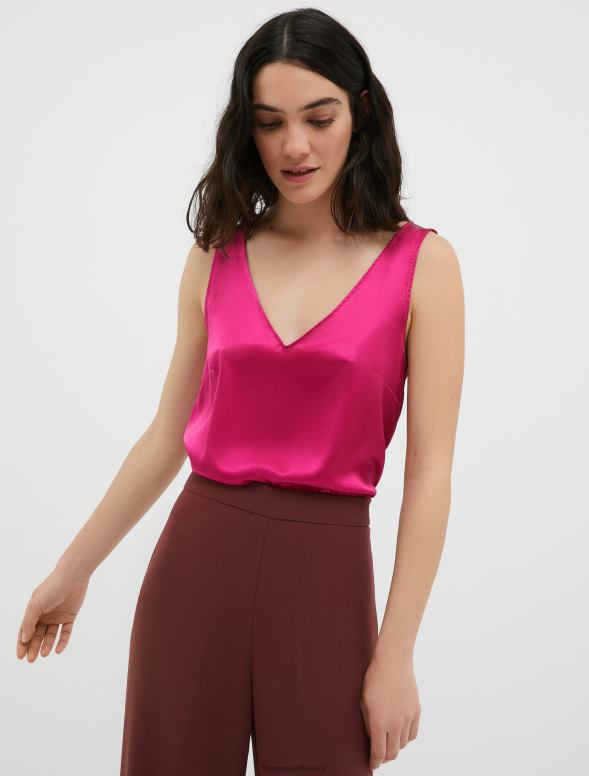 apģērbu 8VJP484 fuksija elastīga zīda satīna v-veida kakla augšdaļa sievietes MAX&Co.