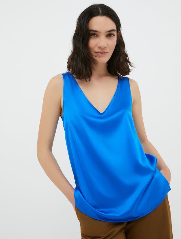 apģērbu 8VJP486 rudzupuķu zils elastīga zīda satīna v-veida kakla augšdaļa sievietes MAX&Co.