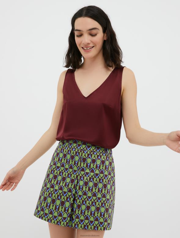 apģērbu 8VJP487 bordo elastīga zīda satīna v-veida kakla augšdaļa sievietes MAX&Co.