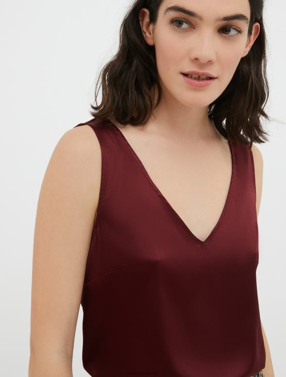 apģērbu 8VJP487 bordo elastīga zīda satīna v-veida kakla augšdaļa sievietes MAX&Co.