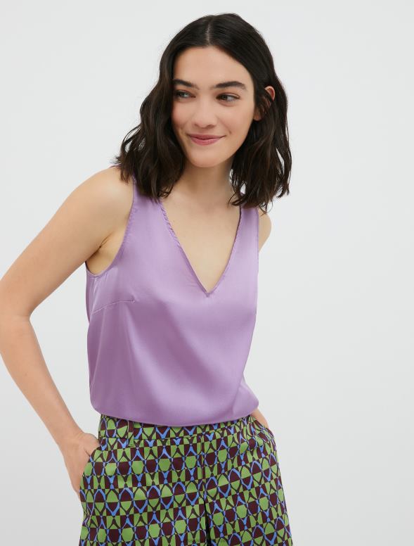 apģērbu 8VJP488 ceriņi elastīga zīda satīna v-veida kakla augšdaļa sievietes MAX&Co.