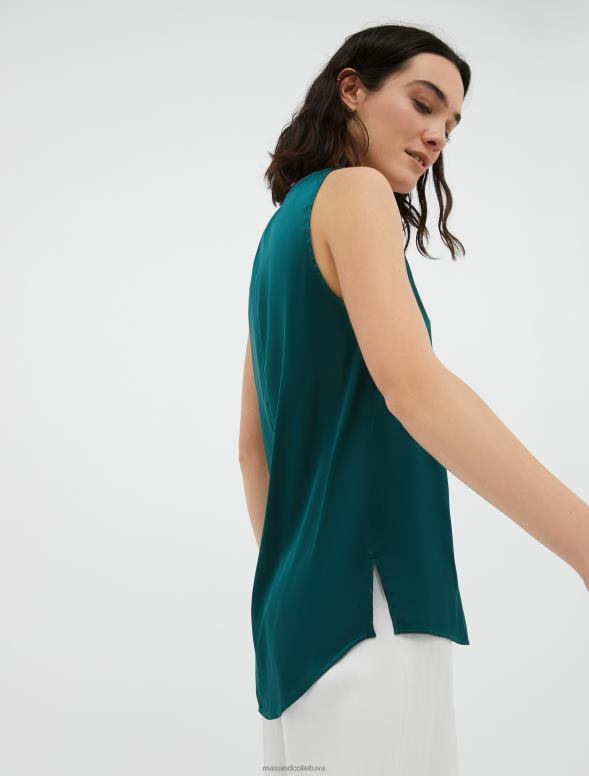 apģērbu 8VJP489 tumši zaļa elastīga zīda satīna v-veida kakla augšdaļa sievietes MAX&Co.