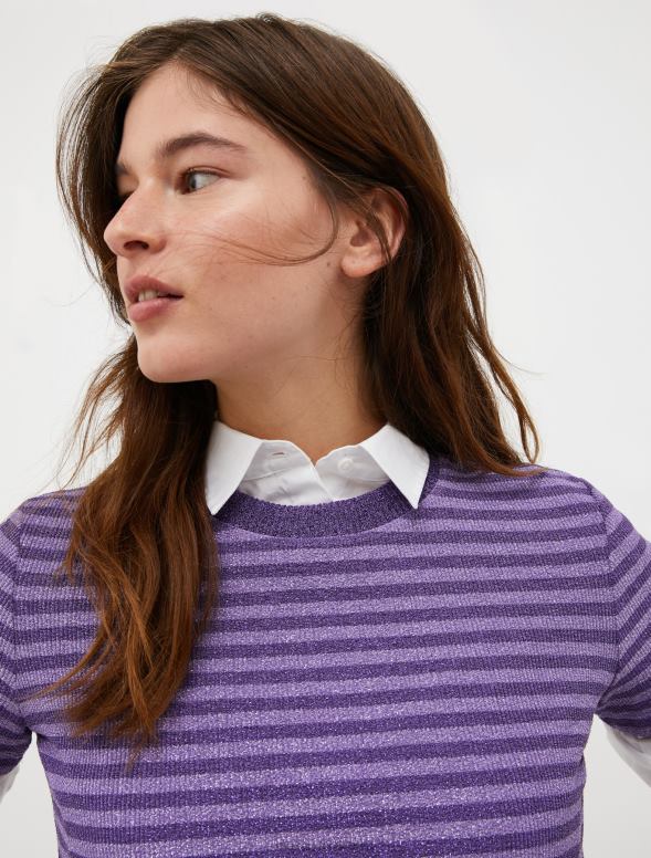 apģērbu 8VJP563 gaiši zils svītrains lureksa džersija t-krekls sievietes MAX&Co.