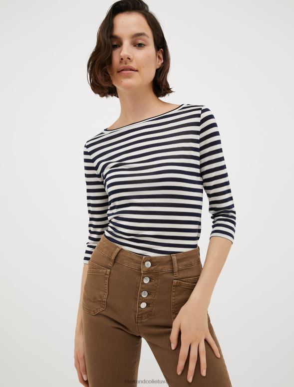 apģērbu 8VJP569 jūras zils svītrains zīda džersija t-krekls sievietes MAX&Co.