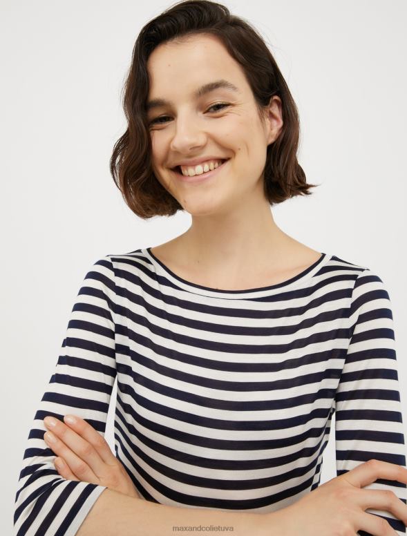 apģērbu 8VJP569 jūras zils svītrains zīda džersija t-krekls sievietes MAX&Co.