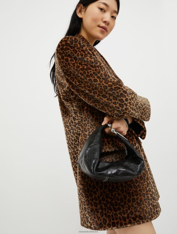 piederums 8VJP1025 melns sprakšķēja nappa ādas klaiņojoša soma sievietes MAX&Co.