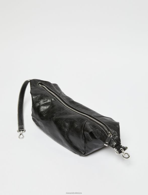 piederums 8VJP1025 melns sprakšķēja nappa ādas klaiņojoša soma sievietes MAX&Co.