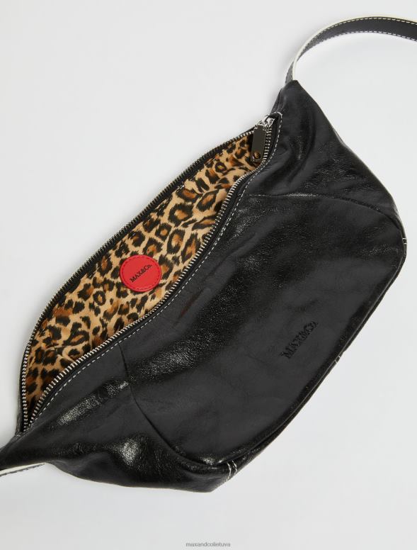 piederums 8VJP1025 melns sprakšķēja nappa ādas klaiņojoša soma sievietes MAX&Co.
