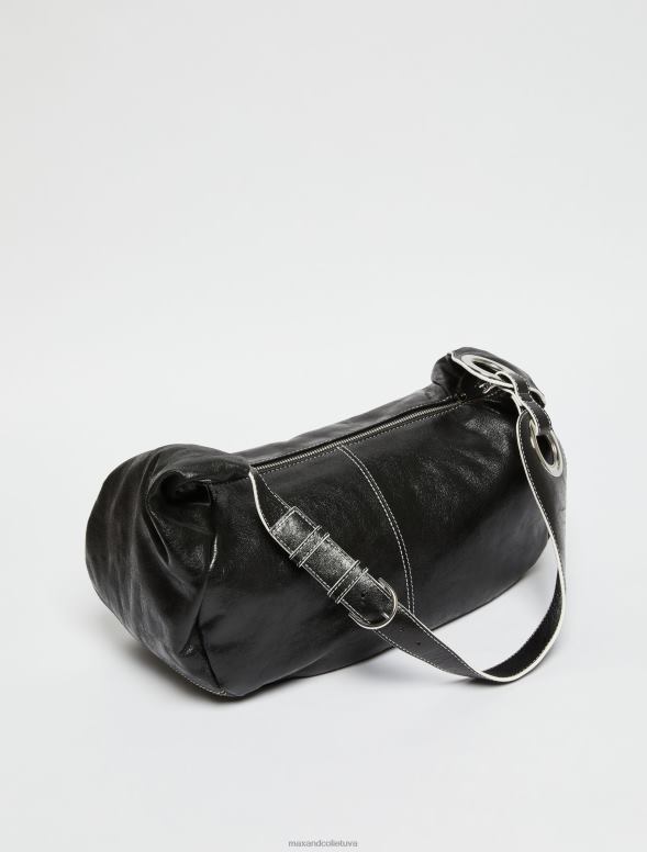 piederums 8VJP1026 melns sprakšķēja nappa ādas klaiņojoša soma sievietes MAX&Co.