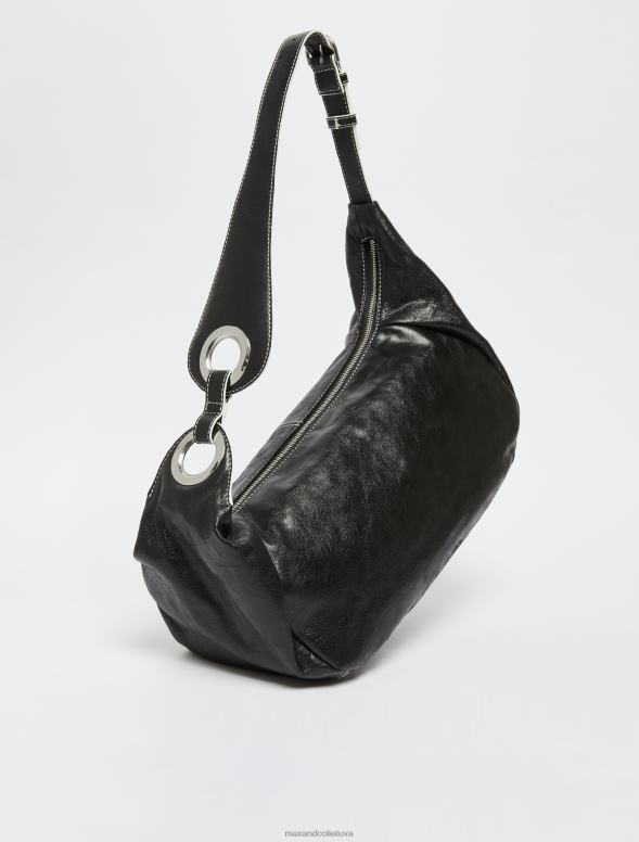 piederums 8VJP1026 melns sprakšķēja nappa ādas klaiņojoša soma sievietes MAX&Co.